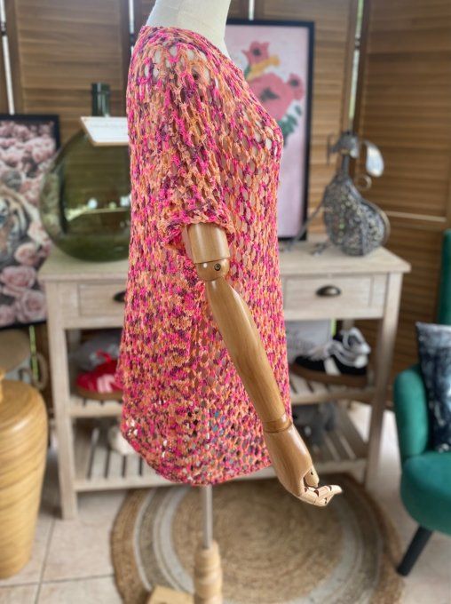 Pull d'été ample maille filet Camaieu Fuschia prune abricot du 38 au 46/48 