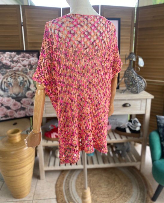 Pull d'été ample maille filet Camaieu Fuschia prune abricot du 38 au 46/48 