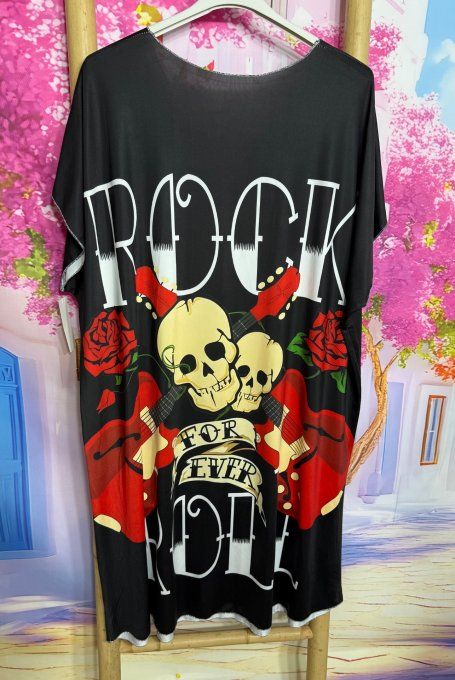 Robe droite oversize ou maxi-tunique lycra noir Skulls TDM For Ever Rock & Roll du 40 au 52 