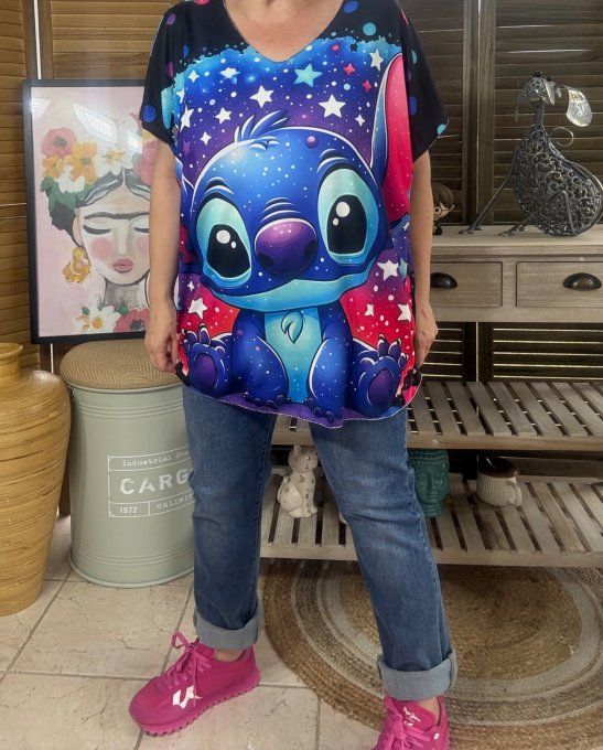 Top fin ample bleu étoiles multicolores Love Stitch du 40 au 52