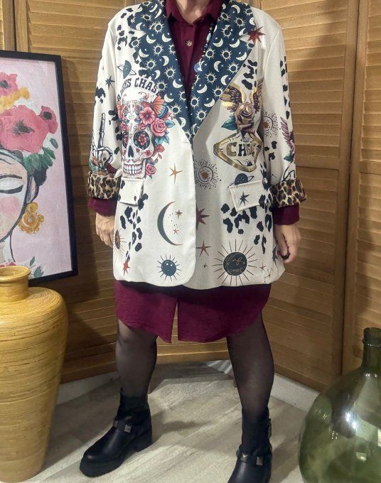 Veste blazer Mexican Skulls doublée Léopard du 42 au 52/54 et même + si portée ouverte 