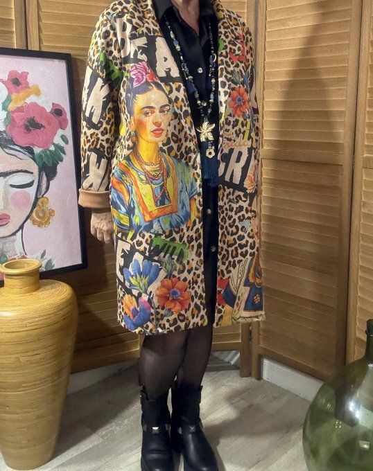Veste longue suédine Léopard Frida Kahlo aux Fleurs du 36 au 46 et même + 