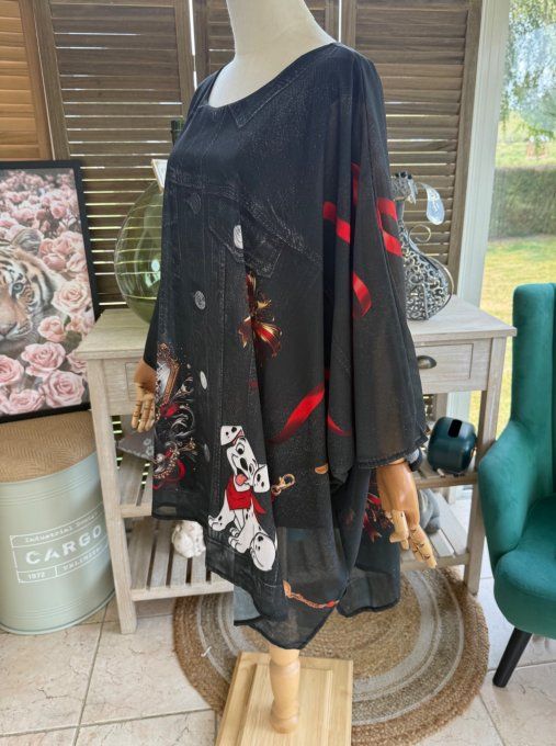 Tunique voile doublée oversize effet jeans noir Cruella et les Dalmatiens du 40 au 52