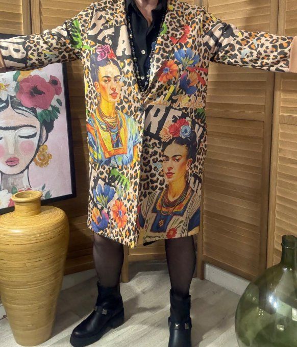 Veste longue suédine Léopard Frida Kahlo aux Fleurs du 36 au 46 et même + 