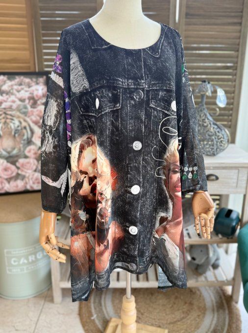 Tunique voile doublée oversize effet jeans noir Marylin Monroe du 40 au 52 