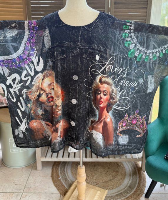 Tunique voile doublée oversize effet jeans noir Marylin Monroe du 40 au 52 