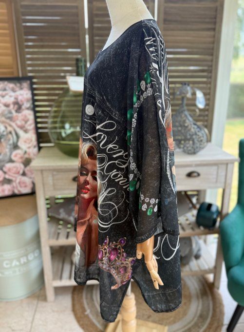 Tunique voile doublée oversize effet jeans noir Marylin Monroe du 40 au 52 
