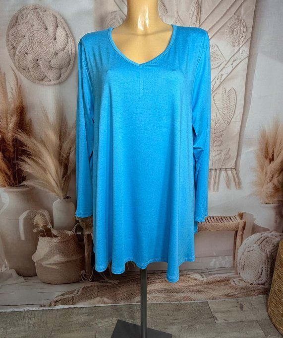 Top trapèze Bleu Cyan  manches longues col V collection Les Basiques du Dressing du 40 au 54