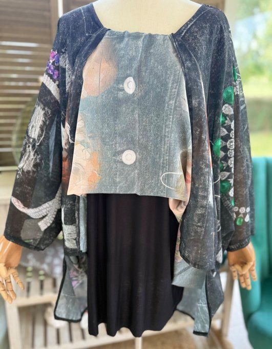 Tunique voile doublée oversize effet jeans noir Marylin Monroe du 40 au 52 