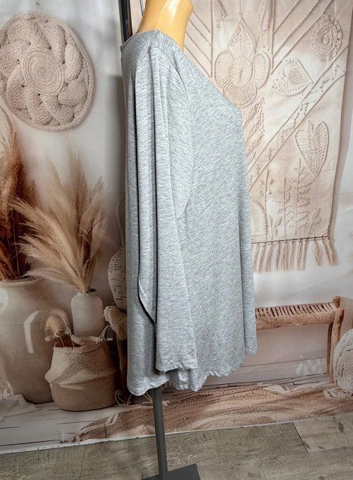 Top trapèze gris chiné manches longues col V collection Les Basiques du Dressing du 40 au 54 