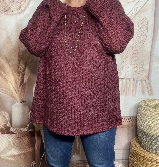 Pull fin Bordeaux paillettes et sequins Bordeaux brillants du 38 au 50  
