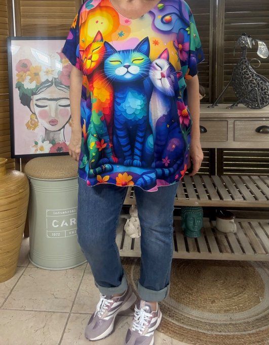 Top fin ample multicolore Le Trio de Chats du 40 au 52  