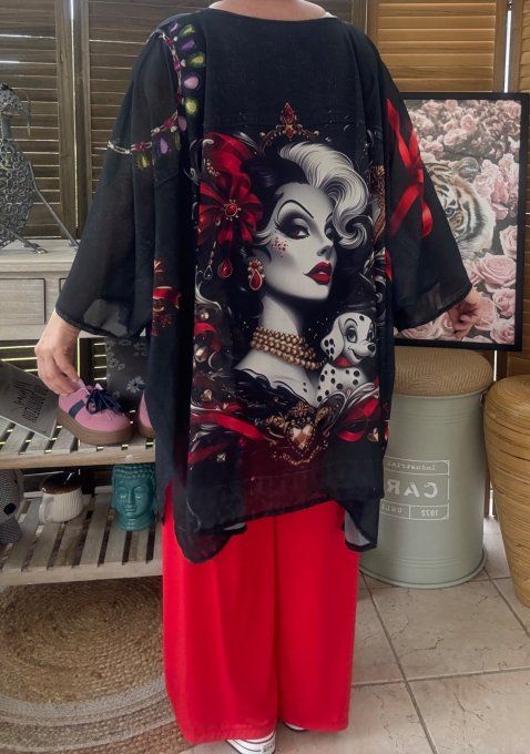 Tunique voile doublée oversize effet jeans noir Cruella et les Dalmatiens du 40 au 52