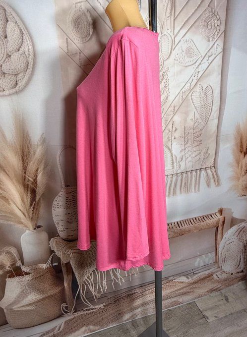 Top trapèze Rose bonbon manches longues col V collection Les Basiques du Dressing du 40 au 54