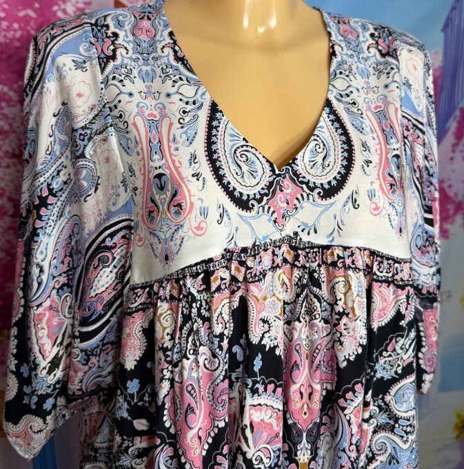 Robe trapèze courte écrue noire ciel rose poudré fleurs & Motifs Cachemire du 38 au 48/50