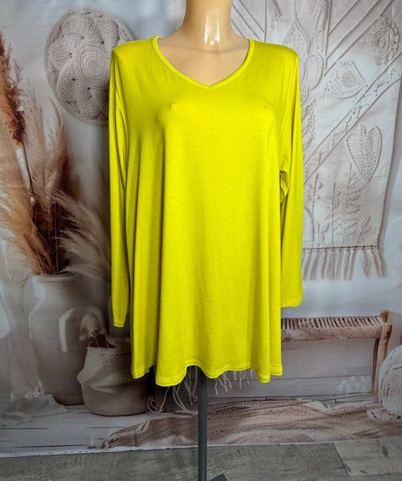 Top trapèze Jaune Citron manches longues col V collection Les Basiques du Dressing du 40 au 54