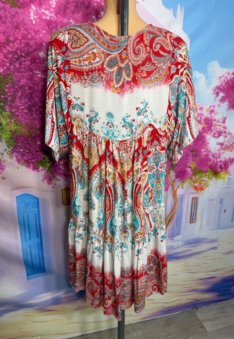 Robe trapèze courte écrue turquoise rouge orangé fleurs & Motifs Cachemire du 38 au 48/50