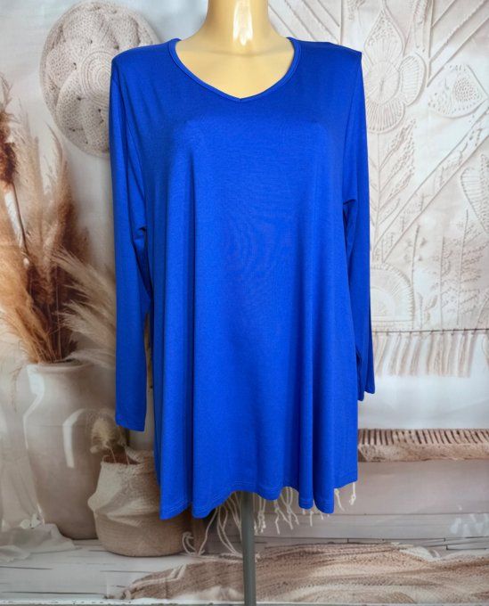 Top trapèze bleu royal manches longues col V collection Les Basiques du Dressing du 40 au 54 