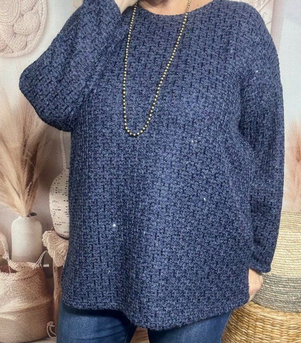 Pull fin marine paillettes et sequins marine brillants du 38 au 50 