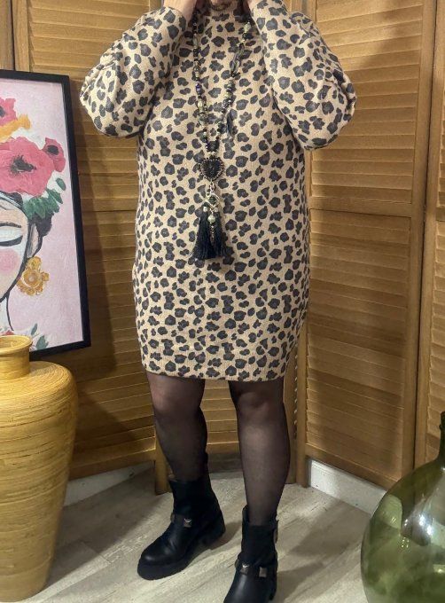 Robe courte ou Pull long Léopard camel effet pailleté doré du 38 au 44/46