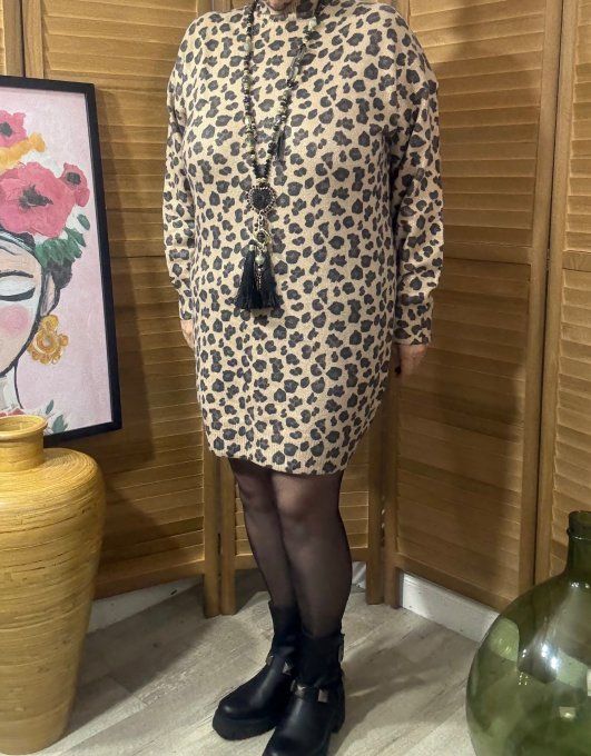 Robe courte ou Pull long Léopard camel effet pailleté doré du 38 au 44/46