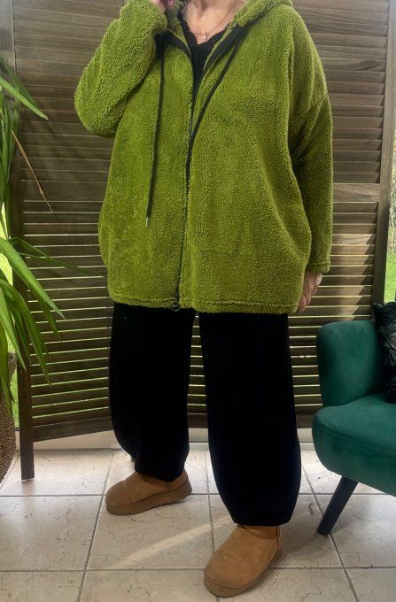 Gilet à capuche peluche Pilou-Pilou Pistache douceur +++ du 40 au 54/56 et même +
