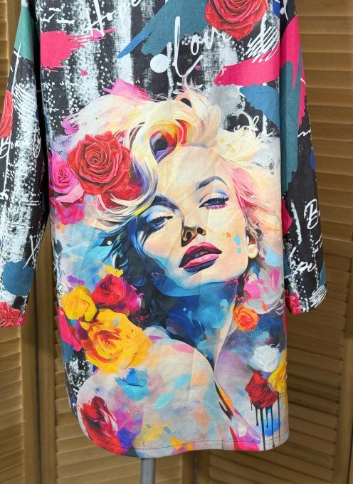 Veste longue suédine noire Marylin Monroe Pop Art du 36 au 46/48 et même + 