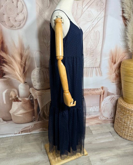 Robe longue tulle marine et plumetis  fines bretelles réglables du 38 au 48 