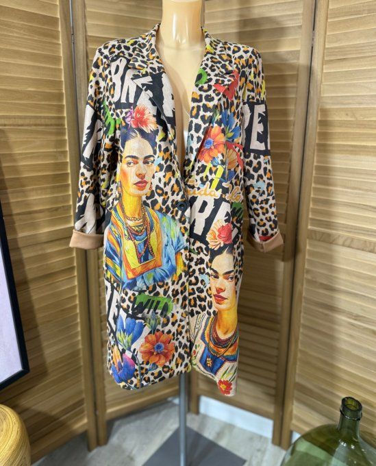 Veste longue suédine Léopard Frida Kahlo aux Fleurs du 36 au 46 et même + 