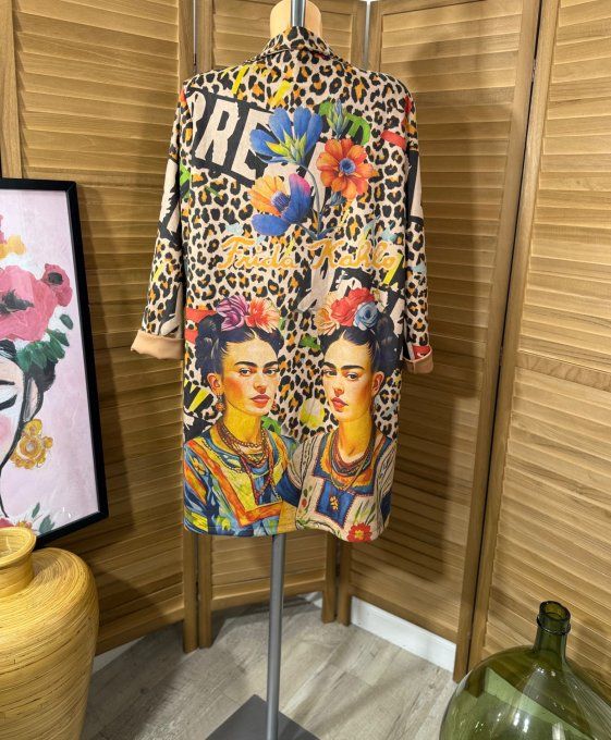 Veste longue suédine Léopard Frida Kahlo aux Fleurs du 36 au 46 et même + 