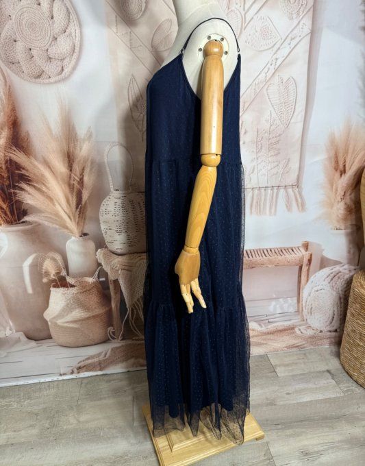 Robe longue tulle marine et plumetis  fines bretelles réglables du 38 au 48 