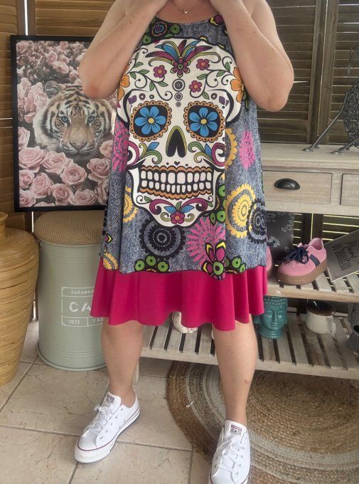 Top débardeur trapèze effet jeans grisé Mexican Skulls Calaveras du 40 au 50/52