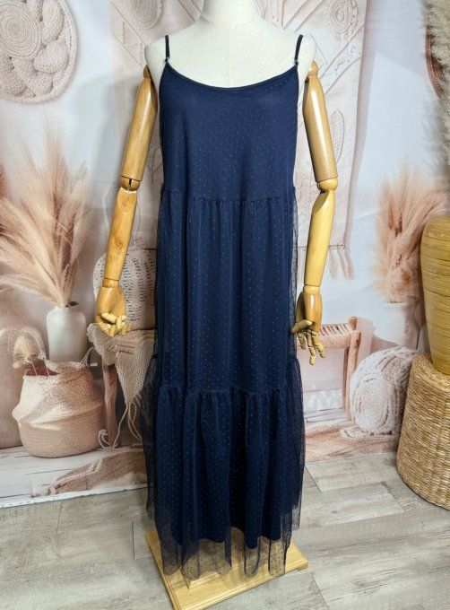 Robe longue tulle marine et plumetis  fines bretelles réglables du 38 au 48 