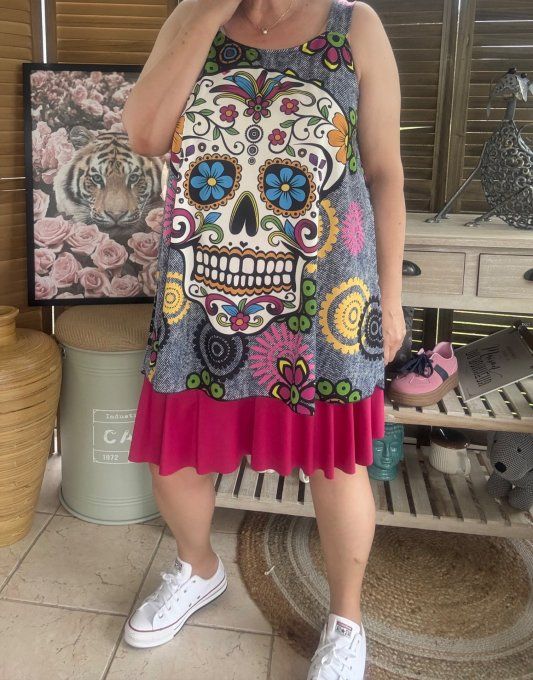 Top débardeur trapèze effet jeans grisé Mexican Skulls Calaveras du 40 au 50/52