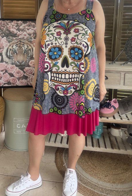 Top débardeur trapèze effet jeans grisé Mexican Skulls Calaveras du 40 au 50/52