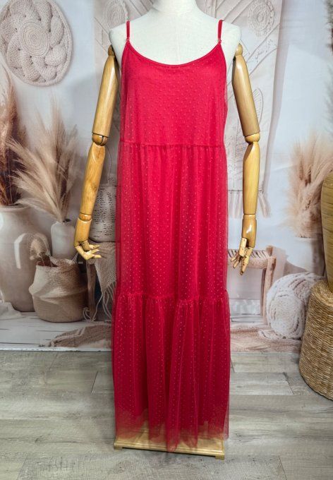 Robe longue tulle rouge et plumetis  fines bretelles réglables du 38 au 48  