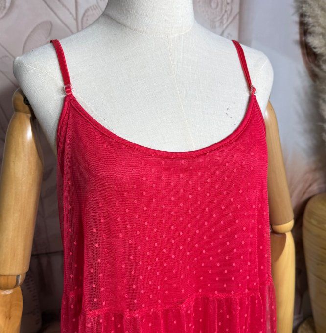 Robe longue tulle rouge et plumetis  fines bretelles réglables du 38 au 48  