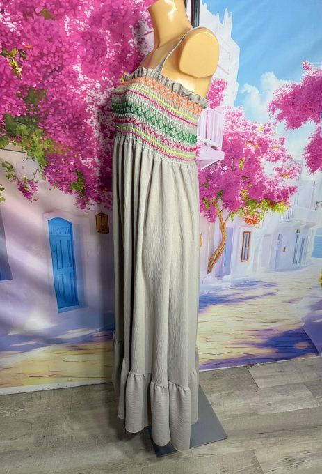 Robe longue à bretelles taupe poitrine smockée fils multicolores confort +++ du 38 au 50/52