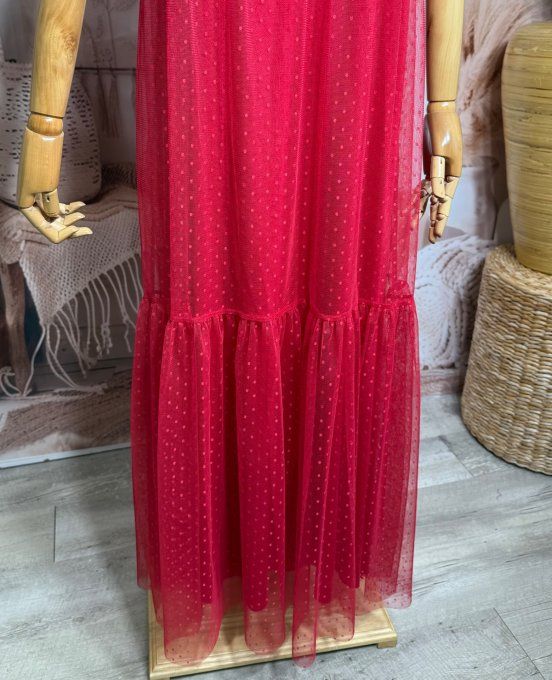 Robe longue tulle rouge et plumetis  fines bretelles réglables du 38 au 48  