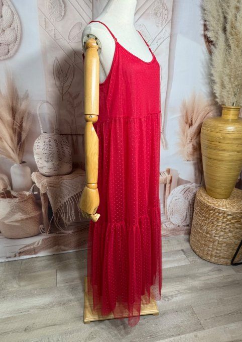 Robe longue tulle rouge et plumetis  fines bretelles réglables du 38 au 48  
