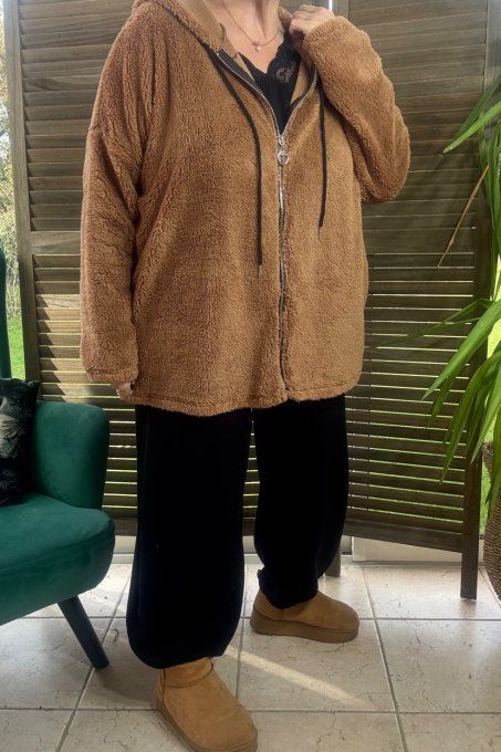 Gilet à capuche peluche Pilou-Pilou Camel douceur +++ du 40 au 54/56 et même +