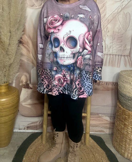 Sweat ample violine marbré Mexican Skulls Calavera & Pink Roses du 40 au 52/54  