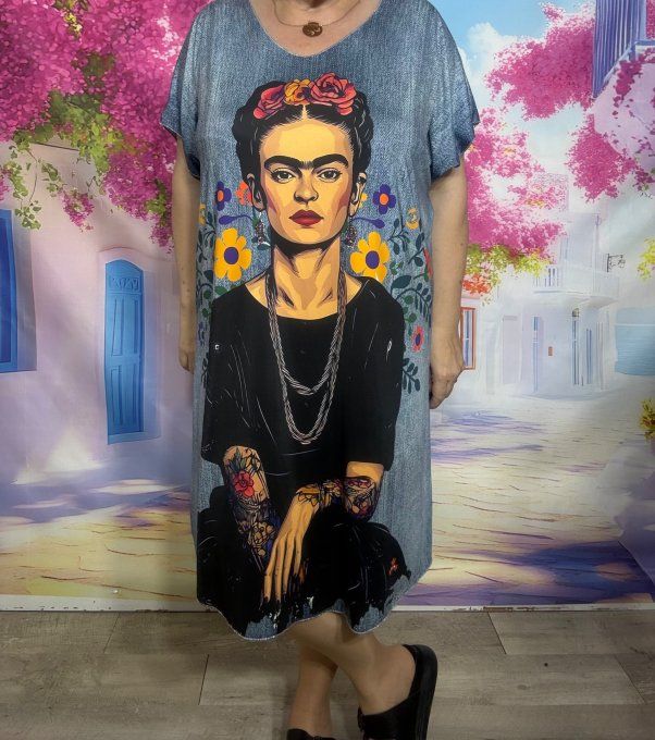 Robe droite oversize ou maxi-tunique lycra effet jeans Tattoo Frida Kahlo du 40 au 52 