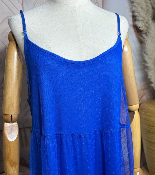 Robe longue tulle bleu électrique et plumetis  fines bretelles réglables du 38 au 48 