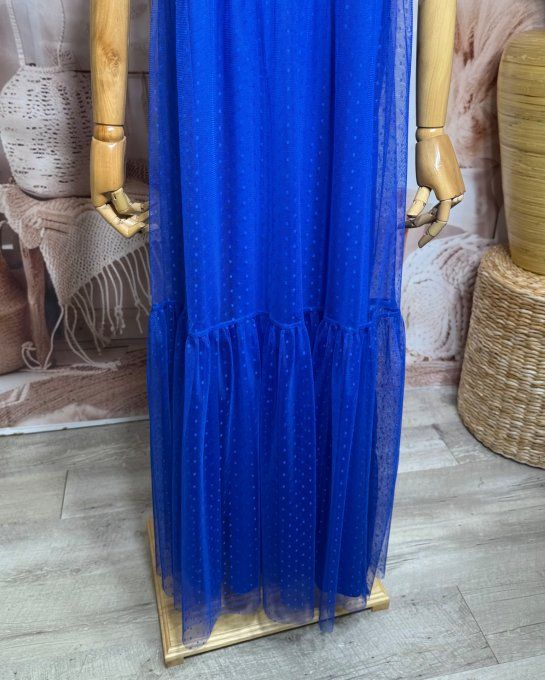 Robe longue tulle bleu électrique et plumetis  fines bretelles réglables du 38 au 48 