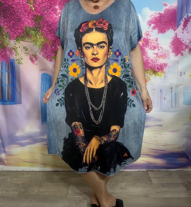 Robe droite oversize ou maxi-tunique lycra effet jeans Tattoo Frida Kahlo du 40 au 52 