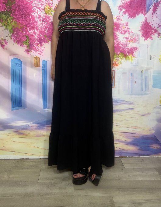 Robe longue à bretelles noire poitrine smockée fils multicolores confort +++ du 38 au 50/52 