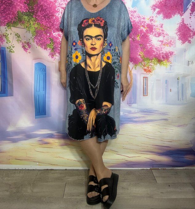 Robe droite oversize ou maxi-tunique lycra effet jeans Tattoo Frida Kahlo du 40 au 52 