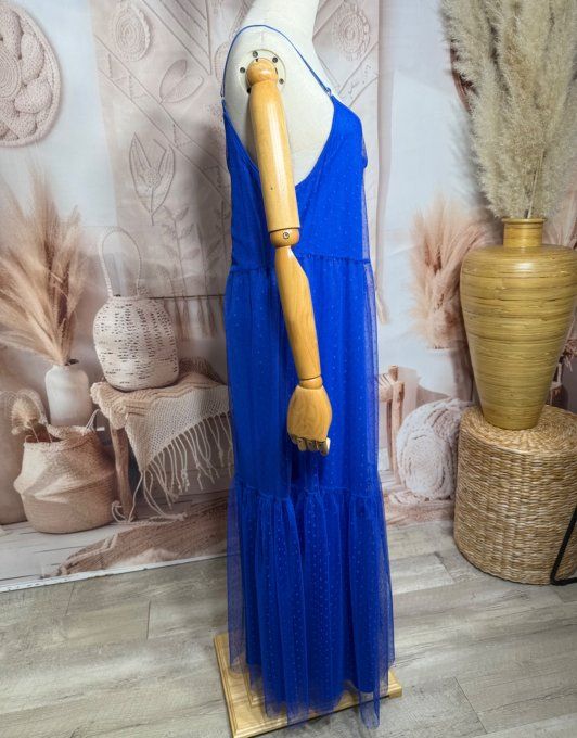 Robe longue tulle bleu électrique et plumetis  fines bretelles réglables du 38 au 48 