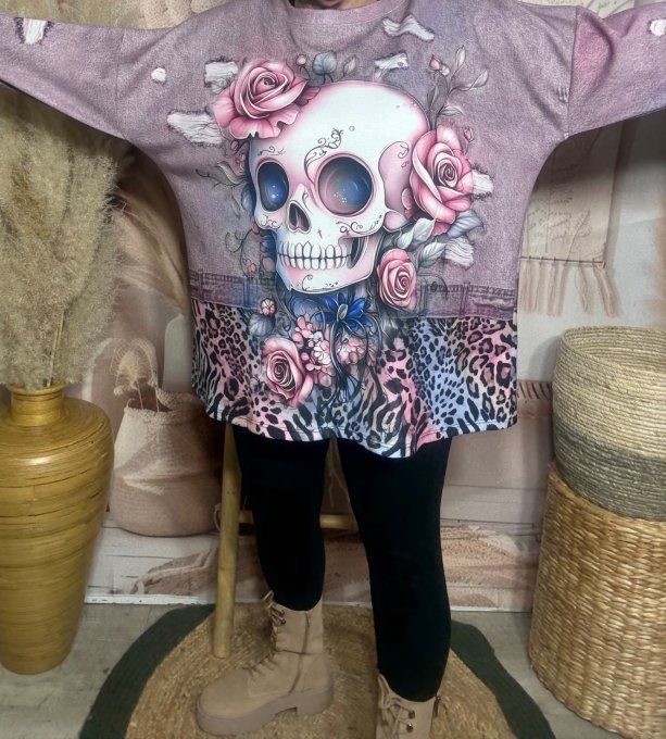 Sweat ample violine marbré Mexican Skulls Calavera & Pink Roses du 40 au 52/54  